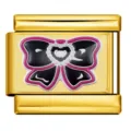 Gold stainless steel Italian charm link with cute black pink bow design for DIY bracelet jewelry - Bow with Heart Pattern (ICP-JC118G)