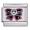 Stainless steel Italian charm bracelet link featuring a black and pink bow design. - Bow with Heart Pattern (ICP-JC118S)