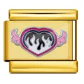 Gold stainless steel Italian modular charm link featuring a heart, pink wings, and flame enamel design. - Heart with Wings and Flame Pattern (ICP-JC119G)