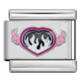 Stainless steel Italian charm bracelet link with cute pink wing flame heart enamel design - Heart with Wings and Flame Pattern (ICP-JC119S)