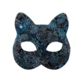 Close-up detail of the glittery blue floral pattern on the black cat masquerade mask surface. - Blue Glitter Cat Mask