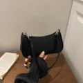 Black PU leather underarm shoulder bag with beaded charm, stylish casual fashion handbag for women - Black Style (Sheng-7128) / Black