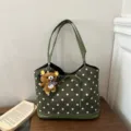 Bolso tote de lunares verde para mujer, elegante bolso de hombro con lazo y bonito osito. - Estilo Con Colgante / Verde