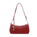 Red baguette shoulder bag for women, chic trendy crossbody purse with stylish bead charm decor. - Red with Pendant (Sheng-7128)