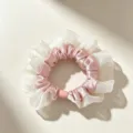 Coletero de pelo de satén rosa y blanco con volantes, goma de pelo elástica de estilo dulce para mujer. - Coletero Rosa