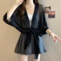 Black hollow knit cardigan women summer thin cover up mesh shawl top elegant style - M / Tops / Black