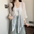 White hollow-out knit cardigan for women, summer thin ice silk cape shawl, casual outerwear. - M / Tops / White