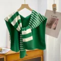 Green striped knitted shawl scarf variant, stylish layered shoulder wrap apparel. - Standard / Irregular Horizontal Striped Dark Green
