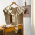Knitted striped shawl scarf for women, stylish brown and white shoulder wrap and fake collar. - Standard / Irregular Horizontal Striped Milk Tea
