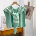 Green striped knitted shawl scarf for women, stylish office shoulder wrap and neck guard. - Standard / Irregular Horizontal Striped Aqua Blue