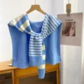 Blue and white striped knitted shawl, stylish scarf and shoulder wrap for women, cozy office wear. - Standard / Irregular Horizontal Striped Sky Blue