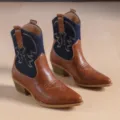 Retro embroidered western cowboy boots, chunky heel mid-calf boots for women, stylish wear. - 38 / Denim Brown