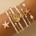 Chic summer beach bracelet set featuring cute starfish shell charms and elegant pearl beads. - Shell Bracelet Set / 6-Piece Set