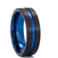 Detailed close-up view of the black brushed tungsten carbide ring featuring a striking blue groove. - US 6 / HK 12 / 6mm-Black & Blue Groove