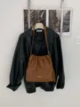 Stylish brown faux leather drawstring shoulder bag, casual cloud bucket bag for women daily commute. - Brown