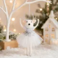 Christmas tree hanging ornament cute deer ballerina felt doll with white tulle skirt holiday decor - White