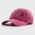 Women's pink washed distressed baseball cap with sparkly glitter star patches for casual daily wear - Adjustable / Rose Red
