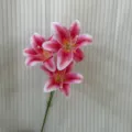 Detailed close-up view of artificial pink lily flower bouquet stem, realistic home decor. - Lily (3 Heads) / Deep Pink