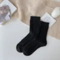 Thick cable knit wool socks for women solid color winter warm mid tube cotton hosiery wear - One Size / Black