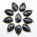 Black and white crackle stone teardrop gold-rimmed pendant DIY jewelry component SKU item. - Black Pine Stone