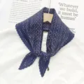 Blue Pleated Scarf Women Korean Style Small Square Neck Scarf Elegant Floral Print Neckwear - Navy Blue