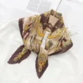 Women pleated silk scarf vintage baroque chain print neckerchief elegant head wrap. - Coffee