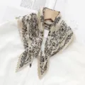 Elegant pleated women scarf, vintage floral print beige neck wrap, chic fashion headwear. - Khaki