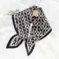 Korean style pleated geometric print scarf, stylish black and white diamond neck wrap for women. - Black