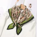 Chic pleated floral women scarf with green border, elegant neckerchief for daily wear. - Green