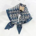 Korean style pleated rhombus silk scarf for women, elegant floral print neckerchief, blue. - Navy Blue