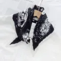 Black and white floral pleated silk scarf for women, chic elegant diamond neckerchief - Black