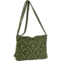 Green handmade woven cotton rope shoulder crossbody bag, casual beach vacation style. - Green