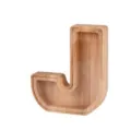 Houten spaarpot in de vorm van letter J met doorzichtige acryl voorkant voor kinderen en geld. - Letter J