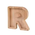 Houten letter R spaarpot met transparant acryl paneel voor kinderspaargeld en decoratie. - Letter R