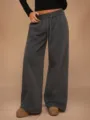 Pantalón de chándal ancho de felpa gris oscuro para mujer casual con cordón en la cintura. - Gris