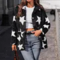 Black and white star print fuzzy fleece cardigan coat for women with buttons and pockets. - S / Black