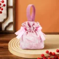 Pink wedding candy bag fabric favor pouch with handle and bow for bridal shower packaging - Pink