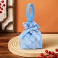 Blue fabric wedding candy gift bag with ribbon bow pearl pendant elegant party favor pouch - Light Blue + Pearl