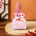 Pink wedding candy bag fabric favor pouch with gold character charm for engagement party use. - Pink + Square Xi