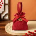 Red Chinese wedding candy bag fabric handheld gift pouch with gold double happiness charm - Wine Red + Round Xi