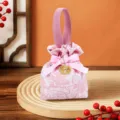 Pink brocade wedding candy bag with bow and double happiness charm for gift wrapping 1pc - Pink + Round Xi