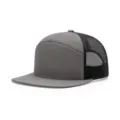 Grey 7-panel blank trucker hat with black mesh back and flat brim for custom embroidery. - Dark Gray