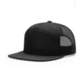 Black 7-panel trucker hat with mesh back, solid blank flat brim baseball cap for custom embroidery. - Black