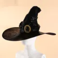 Halloween schwarzer Hexenhut mit goldener Schnalle Kunstleder Party Kostüm Requisite - Einheitsgröße / Hexenhut mit goldener Schnalle