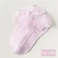 Roze kinderen kant volant sokken, ademende prinses dans sokken voor kleine meisjes. - Hartje Volant Sokken - Roze (Ademend Dun)