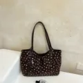 Bolso tote marrón de lunares, bolso de hombro informal con bolsillo delantero con cremallera. - Bolso tote / Café