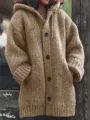 Gedetailleerd overzicht van het casual gebreide damesvest met capuchon in een mooie kakikleur. - S / Khaki
