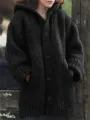 Mid-length hooded knitted cardigan coat for women, casual open front sweater with buttons. - Black