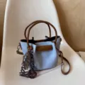 Denim brown leather bucket bag fashion casual shoulder crossbody handbag for women daily commute. - Hanging Charm Style / Light Blue