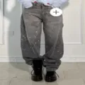 Women rhinestone wide leg jeans grey sparkly denim trousers casual streetwear pants - Gray